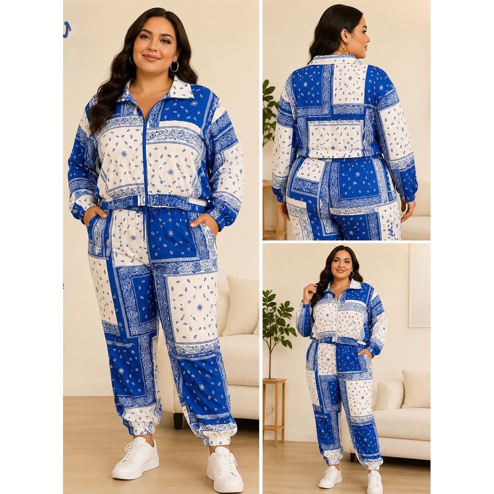 Curvy Girl Tracksuit Women 2X Blue Good Bandana Patchwork Cropped‎ Set 844